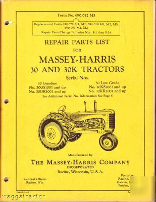 Massey harris 30 30K tractor parts book catalog