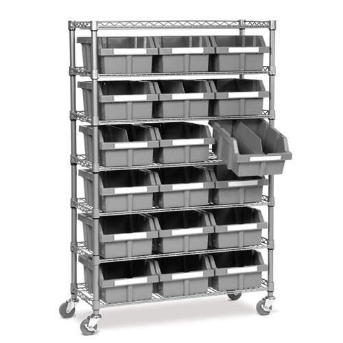 Industrial storage bins + steel shelves + wire shelving
