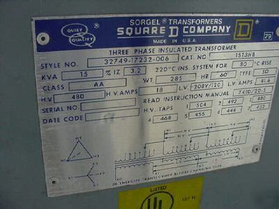 Square d transformer 15 kva, 208-480, 3 phase