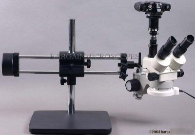 Double arm boom stand 7-45X zoom trinocular microscope