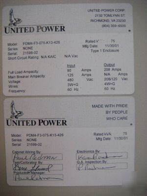 01 united power distribution unit 75 kva pdu pdm 480 v