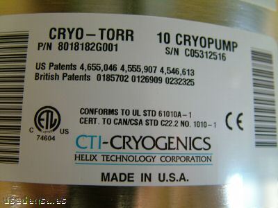 Cti cryogenics cryo-torr 10 cryopump 8018182G001