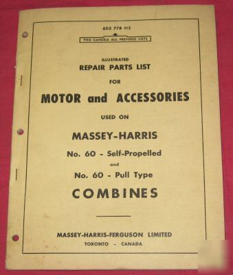 Massey-harris 60 combine motor & accessories parts list