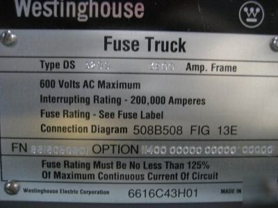 Westinghouse fuse truck drawout type ds 3200 amps 600 v