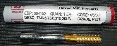 Rtw tmn 5/16X.310 20UN pvd tin carbide threadmill r$225