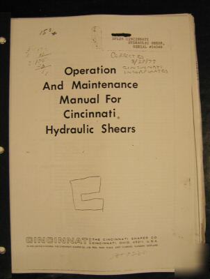 Cincinnati hydraulic shear manual, operation & maint.