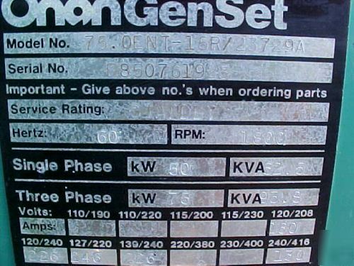 Onan 75 kw natural or propane gas generator set 