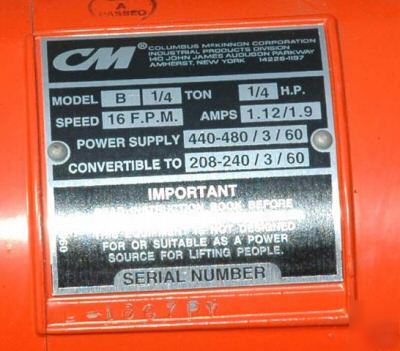 Cm loadstar model b 1/4 ton motorized chain hoist