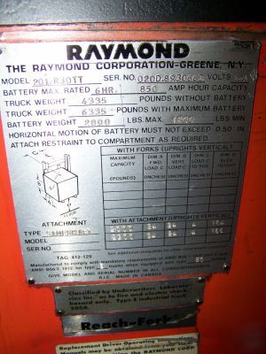 Raymond shift tilt reach forklift 3,000LB battery 20