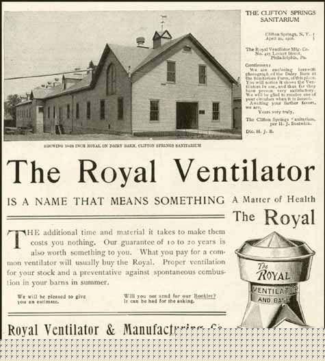 Clifton spgs. sanitarium barn in 1906 ventilator co. ad