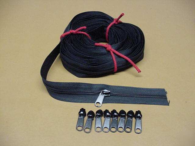 New heavy black # 8 coil sewing zipper 30 ft & 9 pulls 