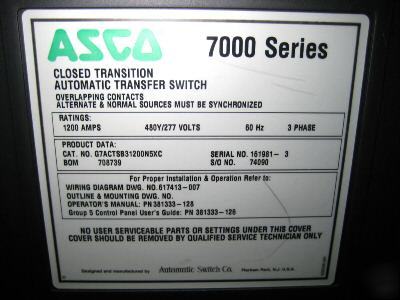 Asco 1200 amp 7000 series transfer switch 480 y / 277 v