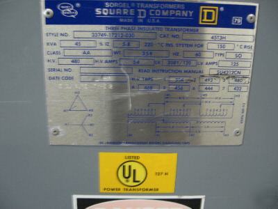 Square d 45 kva 480V pri 208Y/120 sec transformer 