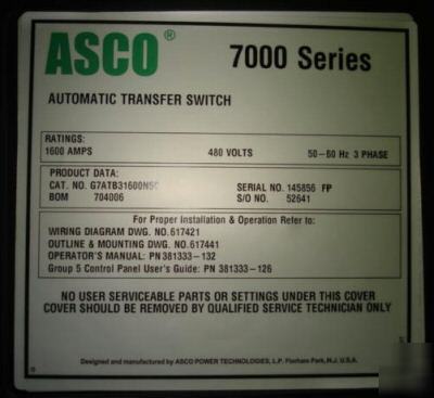 1600 amp asco automatic transfer switch w/ bypass iso.