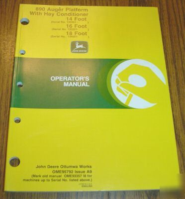 John deere windrower 890 hay attach operator's manual