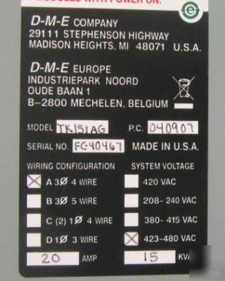 Acme transformer 480V to 240/120V 15KVA w/ge disconnect