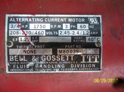 Bell & gossett 3/4 hp pump and motor 60 gpm