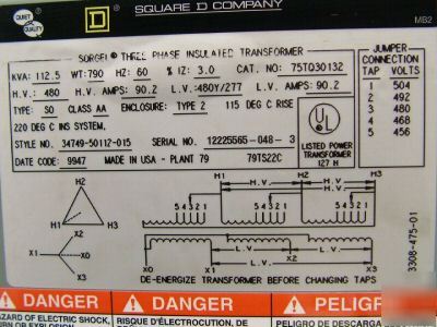 New step down transformer square d,KVA112.5,HV480,PH3