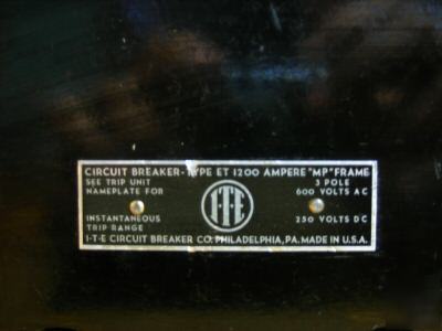 Ite circuit breaker type et-1200 frame mp 1000 amp trip