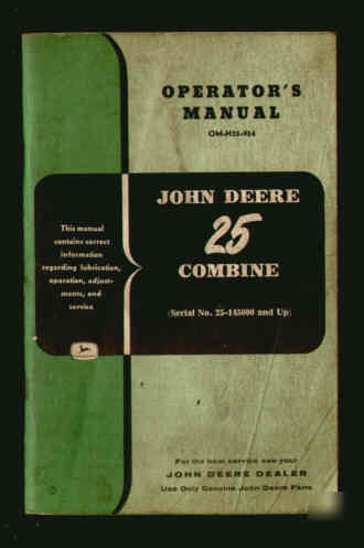 John deere 25 combine operator's manual 1954 jd