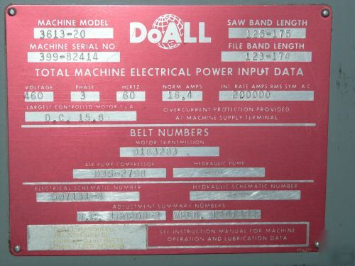 Doall 3613-20 vertical band saw - excellent condition